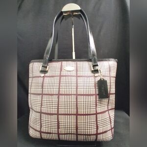Coach Peyton Glen Plaid Cora Top Tote Black Patent Leather Handles